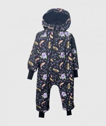 Waterproof Softshell Overall Comfy Flowers And Feathers Black Jumpsuit